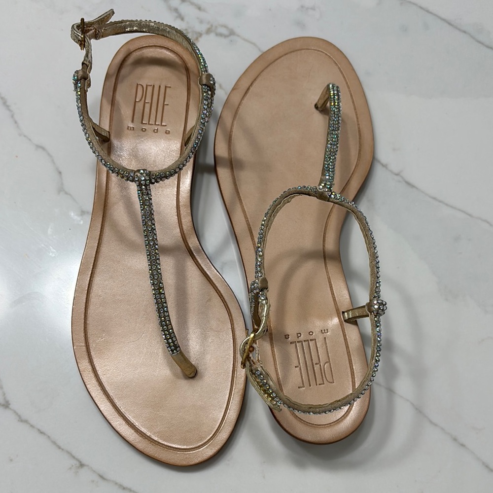 Pelle Moda Gold Beaded T-Strap Sandals